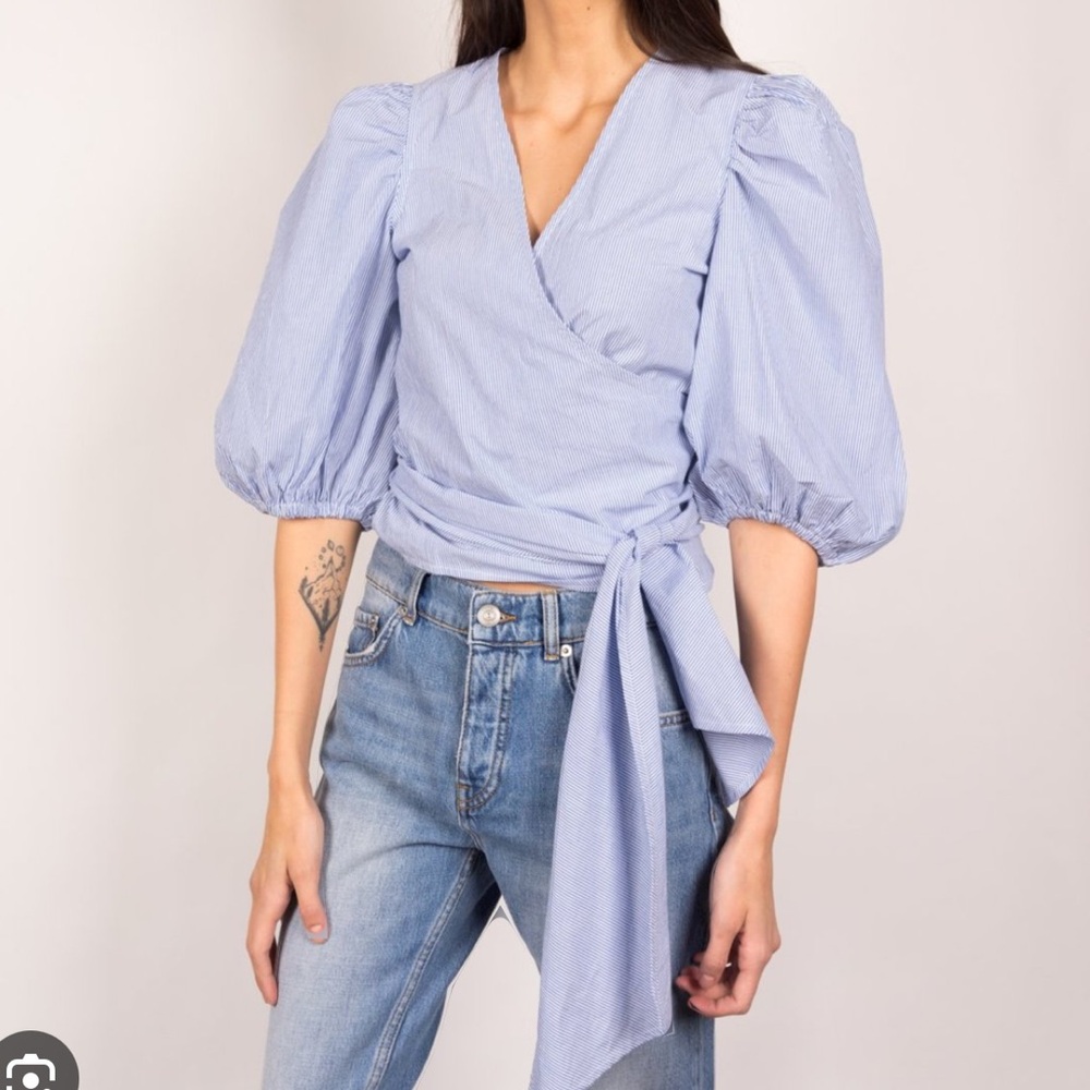 NWOT Ganni Striped Cotton Poplin Wrap Blouse Size 36